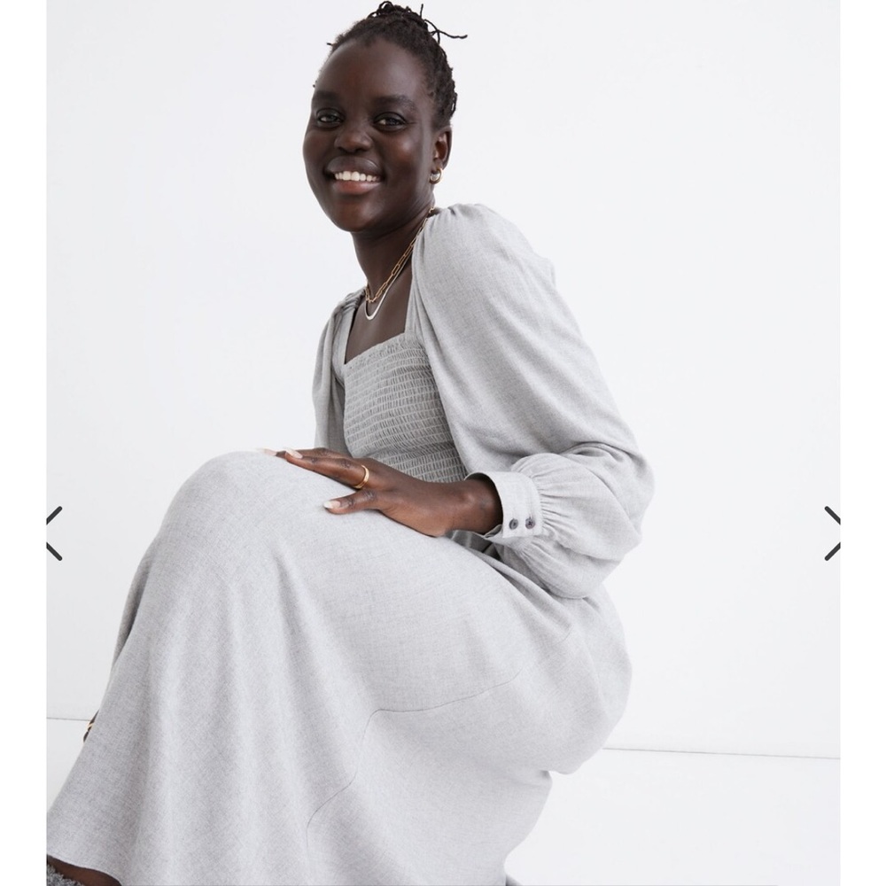 Madewell Lucie Long-Sleeve Smocked Midi Dress in Wool Gauze / HEATHERED GREY-M